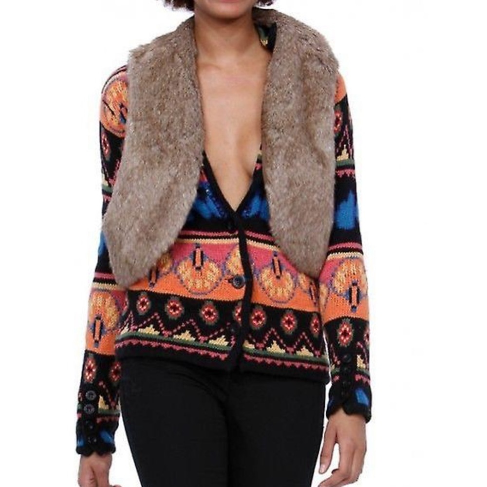 Desigual Rainbow Micki Gilet Faux Fur Knit Cardigan SZ XL